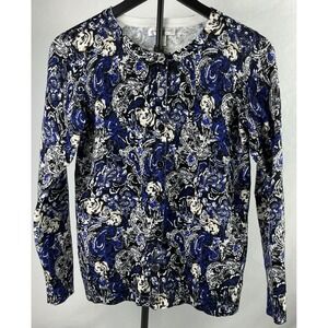 Christopher & Banks Paisley Rose Print‎ Cardigan Sweater Blue Small 100% Cotton